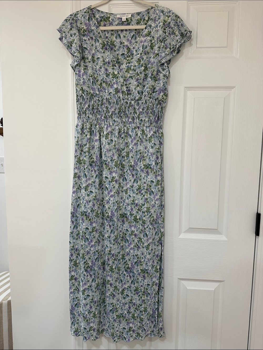 Floral Smocked Midi Dress in Lavender and Green